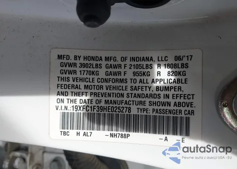 2017 Honda Civic Ex-T from USA, damaged, VIN 19XFC1F39HE025278